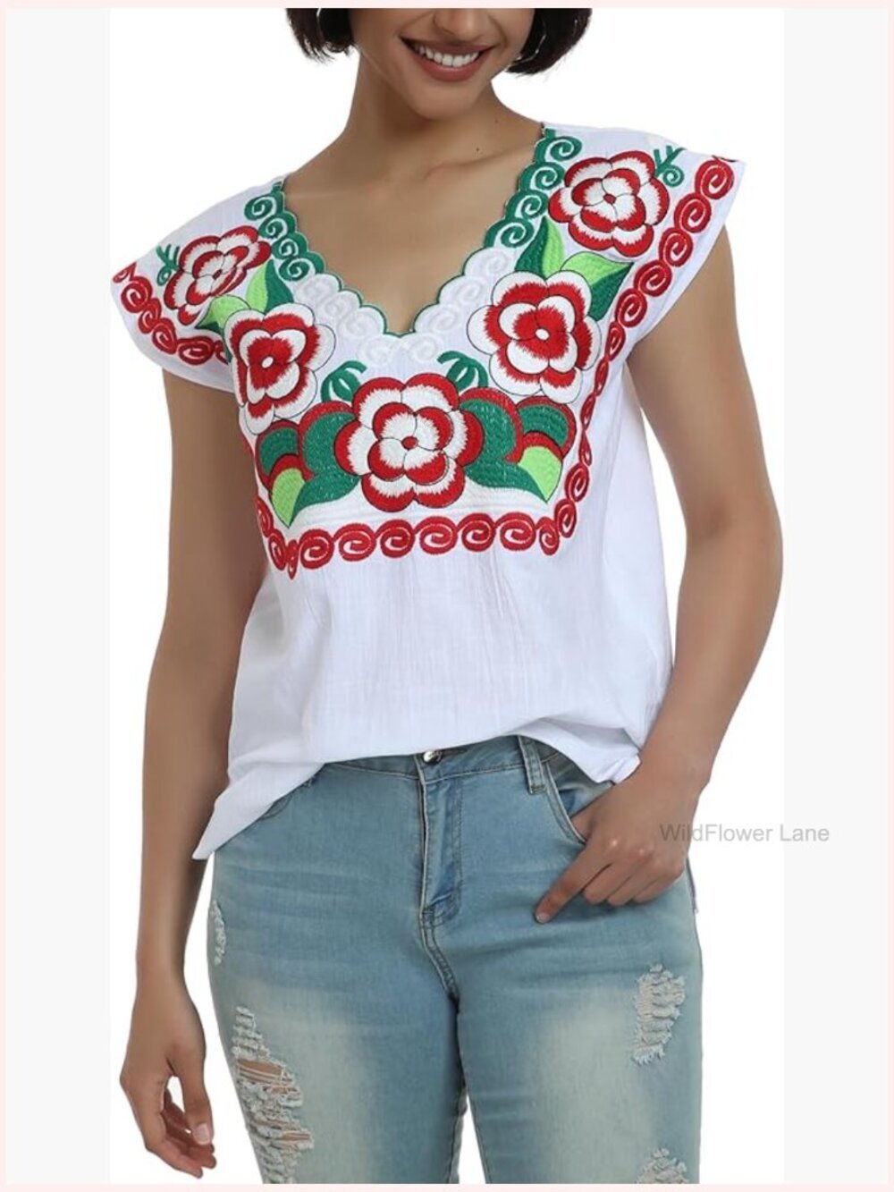 Women's Cotton Peasant Blouse Loose Fit Short Sleeve
